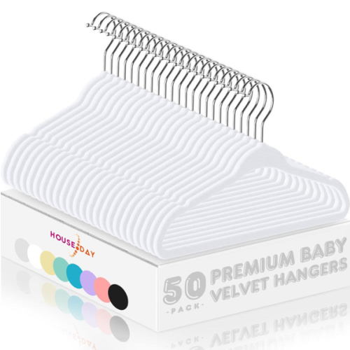HOUSE DAY 11 Inch Velvet Baby Hangers 50 Pack White, Premium Kids Hangers for Children, Infant & Toddler Clothes, Durable Non Slip Small Baby Felt Hanger for Closet, Ideal for Everyday Use