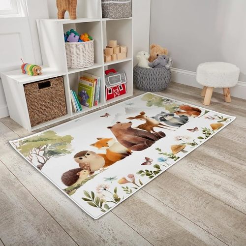 HawSkgFub Baby Toddler Boy Girl Woodland Animals Playroom Area Rug, Forest Bear Fox Deer Owl Squirrel Non Slip Nursery Play Mat Carpet, Neutral Kids Bedroom Living Room Fall Wood Decor