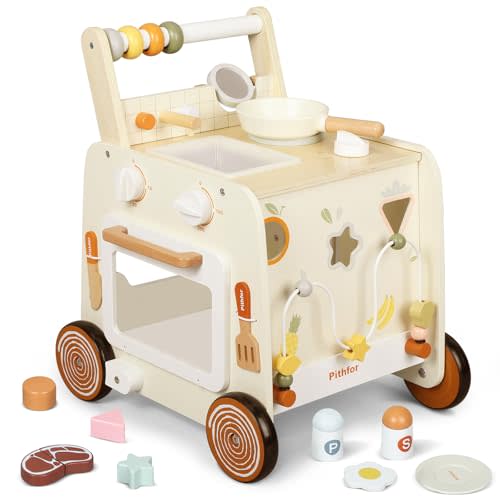 Pithfor Wooden Baby Walker, 3-in-1 Baby Push Walker, with Pretend Kitchen, Montessori Sensory Activity Center, Push Walker Toys for Babies Learning to Walk, Sit-to-Stand
