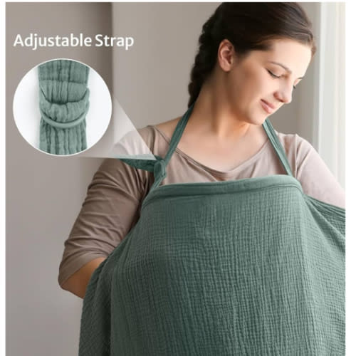 Blissful Diary Muslin Nursing Cover for Breastfeeding, Breathable Breastfeeding Cover up with Arch Neckline for Women, Nursing Apron (Roman Green)