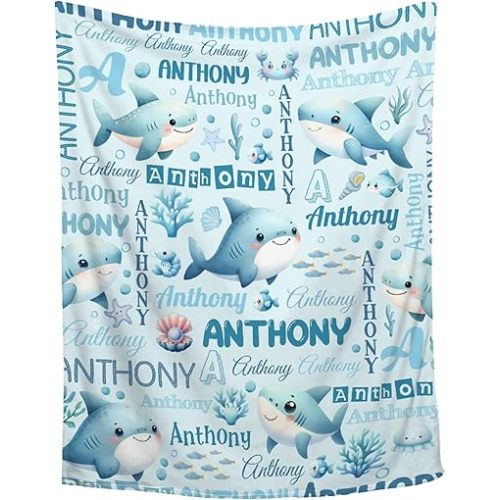 Personalized Shark Custom Baby Blanket with Name for Girls, Boys, Toddlers & Newborns - Soft Flannel Throw Blanket for Nursery & Birthday Gifts