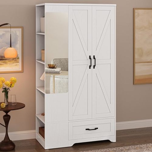 LIKIMIO 70" Tall Wardrobe Closet with Mirror, Side Shelves & Drawer, Freestanding Bedroom Armoire with Hanging Rod, X Barn Door Storage Cabinet for Bedroom, White