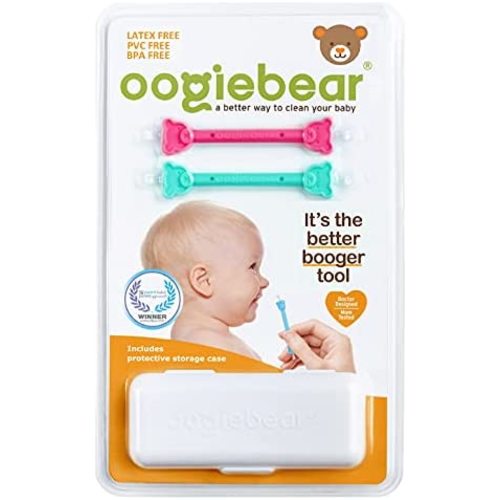oogiebear - Nose and Ear Gadget. Safe, Easy Nasal Booger and Ear Cleaner for Newborns and Infants. Dual Earwax and Snot Remover - 2 Pack with Case - Raspberry and Seafoam