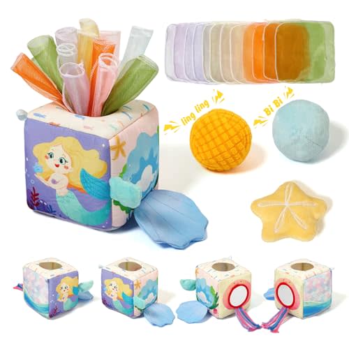 Youuys Baby Tissue Box Toy for Babies 6-12 Months - Montessori Sensory Busy Cube Toys with 3 Textured Balls & 12 Silky Scarves - Ideal Gift for Toddler Girls Ages 6 12 18 Months (Mermaid Theme)