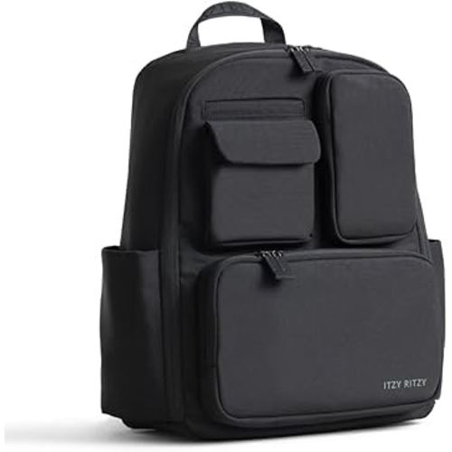 Itzy Ritzy Utility Diaper Bag Backpack – Features 17 Pockets (Including 2 Insulated Bottle Holders) & Trolley Sleeve and Includes Stroller Straps & Changing Pad – Part of the Belong Collection (Black)