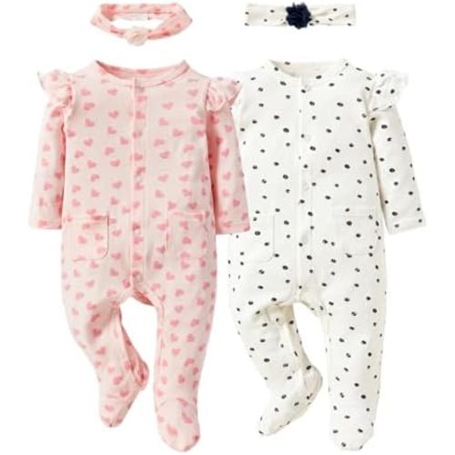 Baby Girls 2-Piece Romper and Headband Set- 100% Cotton Snap Closure Outfit for 0-12 Months