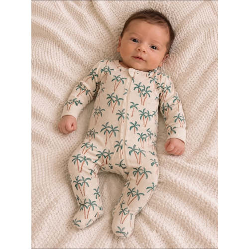 Palm Tree / Organic Pointelle 2-Way Zip Footie