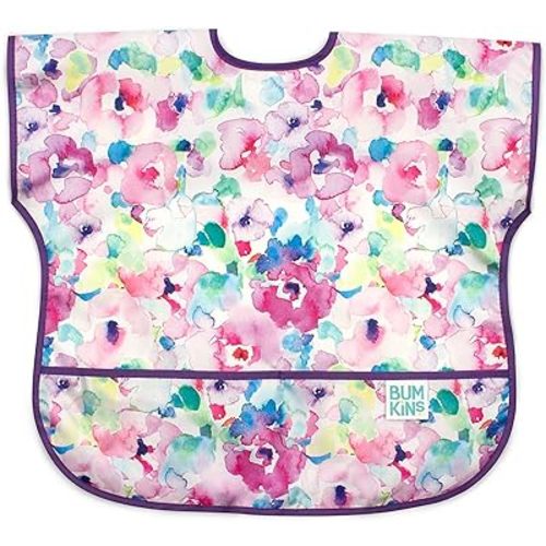 Bumkins Short Sleeve Bib for Girl or Boy, Toddler and Kids for 1-3 Years, Large Size, Essential Must Have for Junior Children, Eating, Mess Saving Soft Fabric Apron for Play, Watercolors Floral