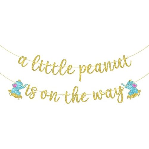 A Little Peanut Is On The Way Glitter Banner, It's a Boy Baby Shower Gender Reveal Elephant Theme Kids Boys Birthday Party Cake Decorations Supplies Gold
