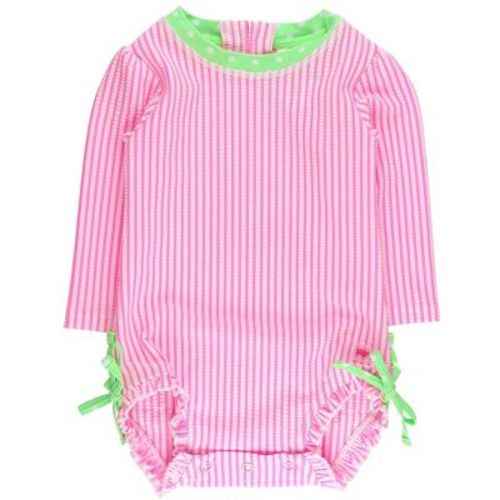 RuffleButts Baby Girls Seersucker Long Sleeve UPF50+ One Piece Rash Guard - Neon Pink Seersucker, 0-3m
