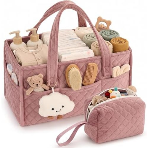 Baby Diaper Caddy Organizer, Baby Basket Shower Gift, Portable Changing Table Basket, Postpartum Caddy & Tote Bag Pouch, Newborn Boy & Girl Nursery Essentials Registry, Car Diaper Organizer