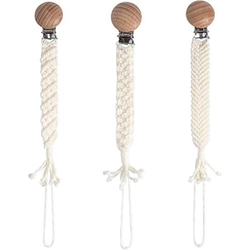 Boho Pacifier Clip – Handmade Braided Cotton Pacifier Holder with Wooden Clip, Unisex for Boys & Girls, Baby Shower, Birthday & Christmas Gift – Milk White (Pattern 3)