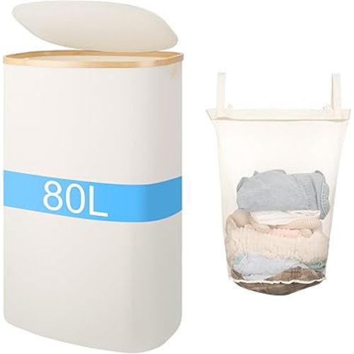 Slim Laundry Basket with Lid, 80L Narrow Laundry Hamper with Removable Bag, Clothes Hampers for Laundry with Bamboo Handles for Bathroom, Bedroom, Dorm & Laundry Room