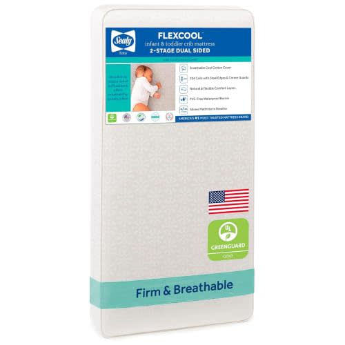 Sealy Baby Flex Cool 2 Stage Crib Mattress and Toddler Bed Mattress, Breathable Hybrid Coil Design, Waterproof Cotton Surface, GREENGUARD Gold Certified, Standard 52x28 Size