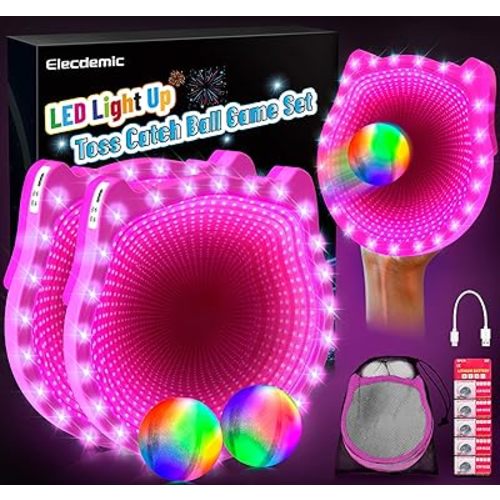 3D LED Light Up Toss Catch Ball Game Set Toys for Back Yard Outdoor Party Favors Glow in Dark Sticky Paddle Baseball Gift Age 5 6 7 8 9 10 11 12 Years Old Girls Boy Kid Family Adult