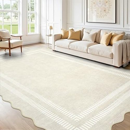 Washable 6x9 Area Rugs for Living Room, Solid Ivory Ultra-Thin Bedroom Rug Non-Slip Dining Room Rugs, Soft Scalloped Carpet for Nursery Kids Room Office