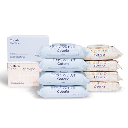 Coterie Baby Wipes & Flushable Toddler Wipes Set | 4 Packs Baby Wipes (224ct) + 4 Packs Flushable Toddler Wipes (224ct) | Hypoallergenic, Safe for Sensitive Skin, 99% Water, Plant-Based, Eczema Safe