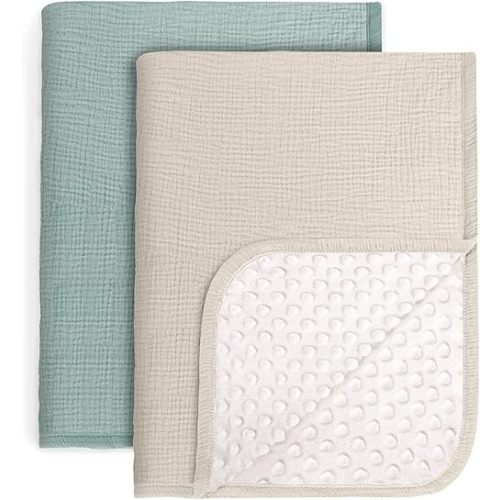 lulumoon Baby Blankets for Newborn Unisex: Thermal Minky Dotted Backing - Muslin Receiving Blanket for Baby Essential & Registry Gift 2Pack 30"x40"(IvorySage)