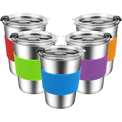 ShineMe Kids Stainless Steel Cups,12oz Kids Metal Drinking Glasses with Lids and Sleeves, 5pack Reusable Water Tumbler for Children and Adults Spill Proof, Apply to Indoor and Outdoor