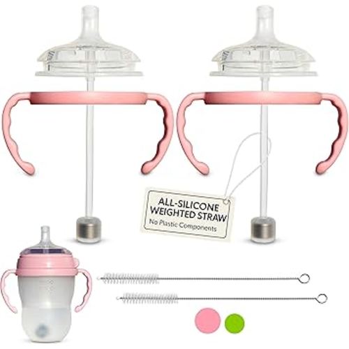 Straw Cup Conversion Kit for Comotomo Baby Bottles 2-Count, Food Grade Silicone Straw Top Nipples, All Silicone Weighted Straw, Bottle Handles, Cleaning Brush, BPA Free, 6+ Months (Straw Top, Pink)