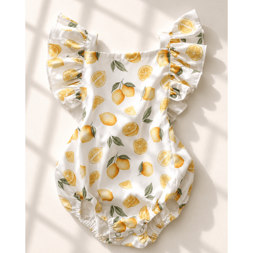 Shiloh Ruffle Back Romper - White with Lemons - Bailey's Blossoms