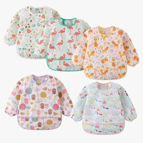 5 Pack Long Sleeve Bib,Baby Toddler Waterproof Sleeved Bib for 6-30 Months Reusable with Catch-all Pocket