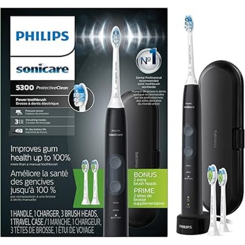 Philips Sonicare ProtectiveClean 5300 Rechargeable Electric Toothbrush, with Pressure Sensor, 3 Cleaning Modes, SmarTimer and QuadPacer, with 2 Bonus Brush Heads, Travel Case, Black, Model HX6423/34