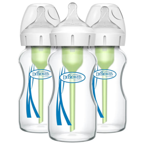Dr. Brown's Natural Flow Anti-Colic Options+ Wide-Neck Glass Baby Bottles 9 oz/270 mL, with Level 1 Slow Flow Nipple, 3 Pack, 0m+