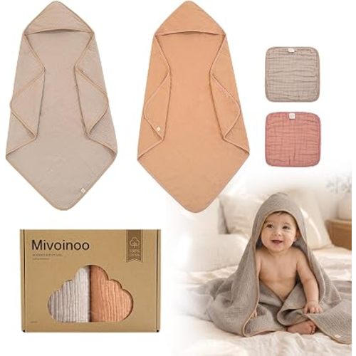 Hooded Baby Towels, 4 Pack, 32 x 32 in, 100% Cotton Muslin