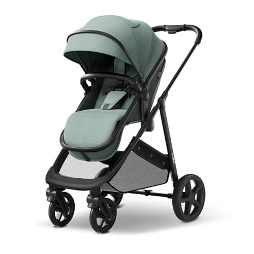 Mompush Wiz 2-in-1 Bassinet Stroller Reversible Seat, One-Hand Fold, Sage | Newborn to toddler, large wheels with suspension, multi-position recline, UPF 50+ canopy, large basket, cup holder included