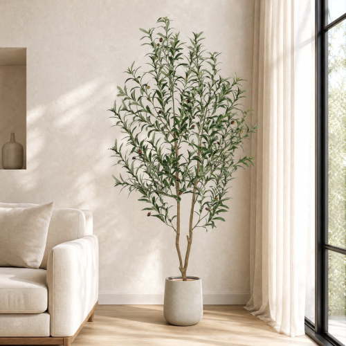 ROMSWI 6FT Artificial Tree Tall with Pot, Olive Faux Plant with Lifelike Fruits and Natural Wood Trunk for Indoor Home House Office Decor