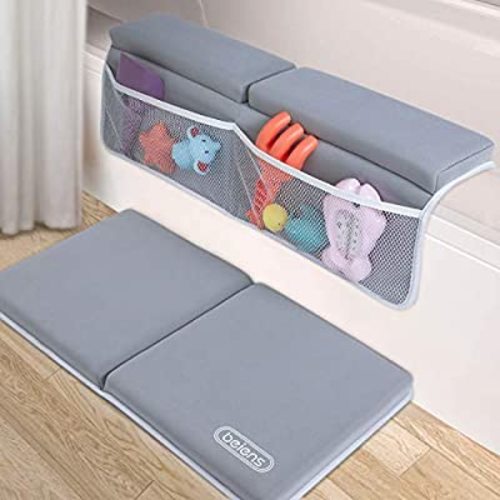 beiens Bath Kneeler with Elbow Rest Set, 1.5'' Thick Quickly Dry Kneeling Pad and Elbow Support for Knee & Arm Support Large Bathtub Kneeling Mat with Toy Organizer for Happy Baby Bathing Time (Grey) - grey
