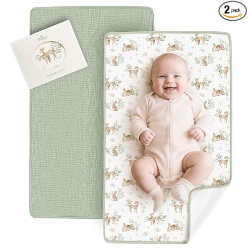 Konssy 2 Pack Waterproof Muslin Portable Changing Pad, Diaper Changing Mat