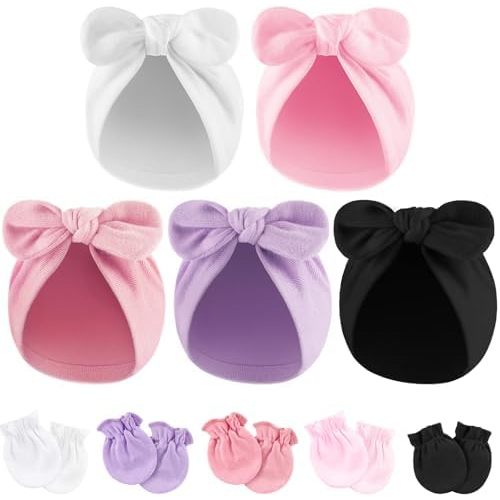 BQUBO Baby Turban Hats and Mittens Set Newborn Infant Hospital Hats Caps with Bows for Baby Boys Girls 0-12 Months