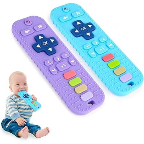 Hooku 2 Pack Teething Toys for Babies 0-6 Months, Silicone Teethers for Babies 6-12 Months, Remote Teether for Baby, Sensory Toys for Babies, Baby Chew Toys, Toddler Infant Newborn Baby Girl Boy Gifts