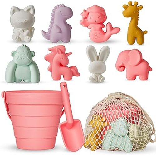 11Pcs Silicone Beach Toys,Collapsible Sand Bucket,Modern Baby Beach Toys,Travel Friendly Beach Set,Silicone Bucket,Shovel,Sand Molds,Beach Bag,Silicone Sand Toys for Toddlers,Kids(Peach Pink)