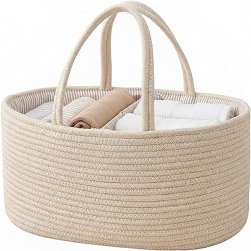 Baby Nappy Caddy, Nappy Organiser, Nursery Bohemian Cotton Rope Storage Basket, Portable Car Organizer with Removable Inserts (Beige)