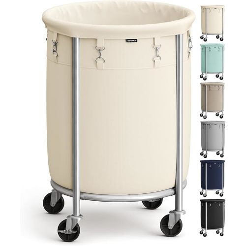 SONGMICS 29-Gallon (110 L) Laundry Basket with Wheels, Rolling Round Heavy-Duty Laundry Hamper Cart with Steel Frame and Removable Bag, 2 Locking Wheels, Cream White and Metallic Silver URLS002W01