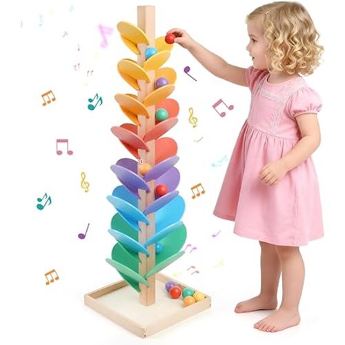 Wooden Marble Run Music Tree for Kids Ages 3+ - Upgraded Easy Assembly with Built-in Nuts, Montessori Toys for Toddlers, Color Sorting Marble Ball Run & Musical Game for Boys Girls 4-8