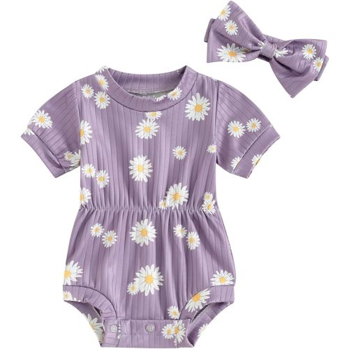 Hnyenmcko Newborn Baby Girl Romper Daisy Short Sleeve Bodysuit Floral Jumpsuit with Headband Infant Summer Clothes 0-18M