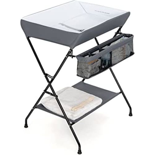 Costzon Changing Table, Portable Baby Changing Table Foldable Diaper Changing Station with Safety Belt, Large Storage Rack & Shelf, Nursery Organizer for Newborn Infant (Dark Gray)
