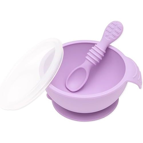 Bumkins Baby Bowl, Silicone Feeding Set with Suction for Baby and Toddler, Includes Spoon and Lid, First Feeding Set, Training Essentials for Baby Led Weaning for Babies 4 Months Up, Lavender