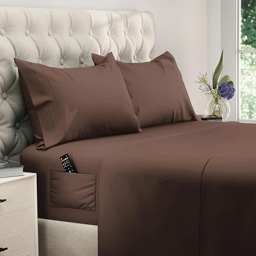 DREAMCARE California King Sheet Sets - 4 pcs Breathable Cooling Sheets - up to 21" Extra Deep Cal King Sheets with Side Pockets - Extra Soft 100% Brushed Hypoallergenic Hotel Luxury – Mocha Brown