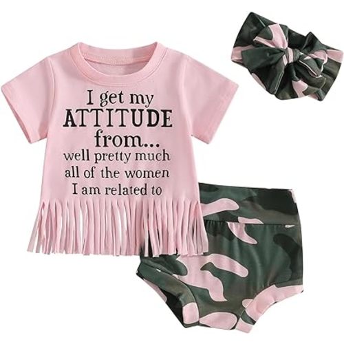 Fernvia Western Toddler Baby Girl Clothes Letter Short Sleeve T-Shirt Top + Tassel Shorts Outfits + Headband 3Pcs Set