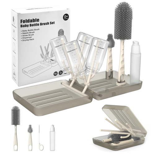Allhall 6 Pcs Travel Bottle Brush Set, Auto-Open Rack and Vertical Brushs Drying Slots, 3 Brushes, Foldable Drying Rack, Dispenser, Travel Baby Essentials for On-The-Go Parents