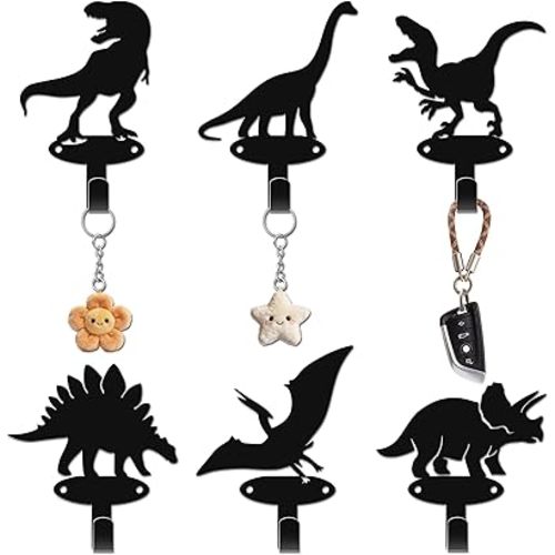 JEWLOVE Dinosaur Silhouette Coat Hooks, Set of 6 – Black Metal Wall Hooks for Bedroom, Entryway, Playroom – Kids Room Organizer