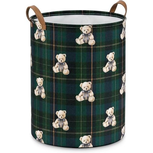 Bear Tartan Plaid Laundry Basket, Round Collapsible Storage Basket with Handles, 58L Baskets With Waterproof Pe Coating Nursery Decor Organizer for Bedroom Bathroom Living Room