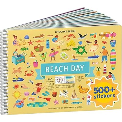Beach Day 500+ Kids Sticker Book by Cupkin Fun Toddler Travel Activity Coloring and Sticker Book, Road Trip Essentials, 12 Coloring Pages 12 Side by Side Scenes for Ages 2–8 Years