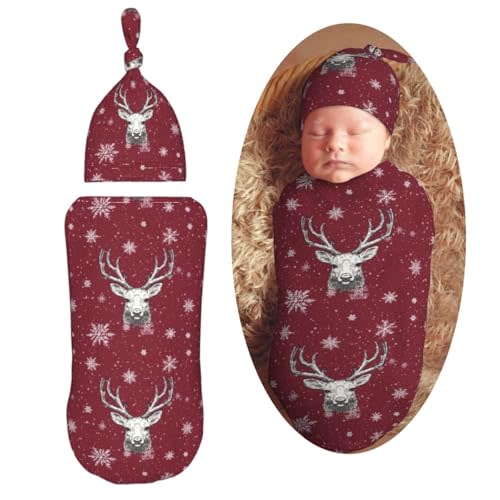 Christmas Deer Snowflakes Newborn Swaddle Blankets Hat Sets Soft Baby Receiving Blanket Swaddle Sack for Baby Shower Infant Boy Girl Gift
