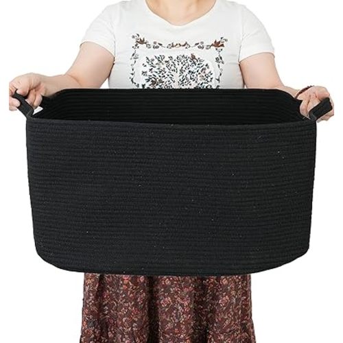 XUANGUO Large Rectangle Woven Cotton Rope Blanket Basket 22"x17"x12" Black